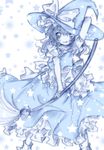 blue broom hand_on_headwear hat kasuga_sunao kirisame_marisa monochrome solo star touhou witch_hat 