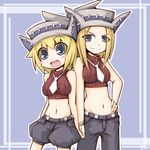  bad_id bad_pixiv_id bare_shoulders blonde_hair blue_eyes elizabeth_thompson hat holding_hands midriff multiple_girls necktie patricia_thompson reku shorts siblings sisters sleeveless sleeveless_turtleneck soul_eater turtleneck 