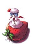  bat_wings blue_hair food fruit hat in_food minigirl onimaru_gonpei red_eyes remilia_scarlet solo strawberry touhou wings 
