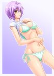  aqua_bikini bikini green_eyes navel parted_lips pink_hair shiny shiny_skin shirt shirt_lift shiruko short_hair short_sleeves side-tie_bikini solo swimsuit tokimeki_memorial tokimeki_memorial_2 white_shirt yae_kaori 