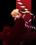  artist_request blonde_hair card card_in_mouth flandre_scarlet flower mouth_hold red_flower red_rose rose short_hair solo touhou wings 