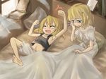  alice_margatroid angry armpits barefoot bed blonde_hair bloomers blue_eyes book closed_eyes feet kirisame_marisa lying multiple_girls myama on_back pillow sleeping touhou underwear white_bloomers 