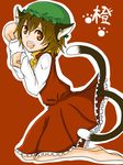  animal_ears bad_id bad_pixiv_id cat_ears cat_tail character_name chen china_dress chinese_clothes dress earrings hat jewelry kirino_(safeout) paw_pose short_hair solo tail touhou 