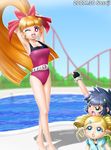  :o ;d akazutsumi_momoko armpits arms_up belt blonde_hair blue_eyes bow breasts cleavage dated drill_hair earrings goutokuji_miyako green_eyes hair_ornament hairclip hyper_blossom jewelry matsubara_kaoru medium_breasts multiple_girls older one-piece_swimsuit one_eye_closed open_mouth orange_hair pool poolside powered_buttercup powerpuff_girls_z red_eyes roller_coaster rolling_bubbles sasaji shadow smile standing swimsuit v-shaped_eyebrows 