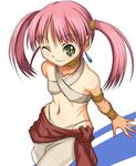  armlet bangs bard_(sekaiju) bare_shoulders blush bracer choker covered_nipples crop_top earrings flat_chest green_eyes jewelry looking_at_viewer midriff navel one_eye_closed pants pink_hair red_sarong sarong see-through sekaiju_no_meikyuu shunzou simple_background smile solo twintails wide_hips 