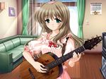  1girl acoustic_guitar blush calendar_(object) dress game_cg green_eyes guitar hairband instrument kanna_(120_yen) odawara_hakone smile solo tachi-e 