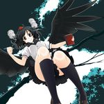  between_legs bird_wings black_hair black_skirt black_wings bow bowtie breasts brown_eyes feathered_wings from_below hat kabayaki_unagi looking_at_viewer looking_down medium_breasts notebook outdoors pen plant pom_pom_(clothes) red_hat shameimaru_aya skirt smile solo thighs tokin_hat touhou tree wings 