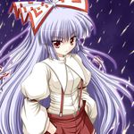  bangs bococho bow buttons eyebrows_visible_through_hair fujiwara_no_mokou hair_bow hands_in_pockets hime_cut long_hair long_sleeves puffy_sleeves red_eyes ribbon shirt silver_hair solo suspenders touhou white_shirt 