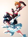  black_hair blue_eyes boots brown_hair cure_black cure_white dress elbow_gloves fingerless_gloves futari_wa_precure gloves half_updo magical_girl midriff misumi_nagisa multiple_girls nekomamire precure red_eyes shorts white_footwear yukishiro_honoka 