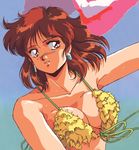  80s anice_farm armpits bangs beach_towel bikini blush breasts brown_eyes brown_hair chouon_senshi_borgman cleavage earrings front-tie_bikini front-tie_top fur_trim gradient gradient_background grin half_updo jewelry kikuchi_michitaka large_breasts looking_afar nose_blush official_art oldschool outdoors outstretched_arm ribbon short_hair sideboob sky smile solo string_bikini swimsuit towel upper_body wet wet_hair yellow_bikini 