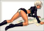  all_fours ass blush boots brown_eyes copyright_request dark_skin nakamura_yukitoshi papers short_hair solo white_hair 