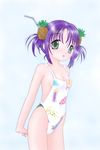  arms_behind_back black_eyes breasts casual_one-piece_swimsuit cleavage cowboy_shot drinking_straw food food_themed_hair_ornament fruit hair_ornament hands_clasped one-piece_swimsuit original own_hands_together pineapple pineapple_hair_ornament print_swimsuit purple_hair short_hair small_breasts smile solo swimsuit tonami_muka 