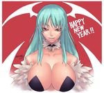  aqua_hair bat_wings breasts cleavage head_wings huge_breasts long_hair looking_at_viewer morrigan_aensland nakamura_yukitoshi new_year red_eyes solo upper_body vampire_(game) wings 