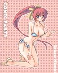  bikini blue_eyes blush bow comic_party haco_(risebox) hair_ribbon kneeling legs long_hair ponytail red_hair ribbon side-tie_bikini solo striped striped_bikini swimsuit takase_mizuki yellow_bow 