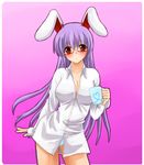  animal_ears bad_id bad_pixiv_id bespectacled bunny_ears cup dress_shirt glasses long_hair open_clothes open_shirt panties purple_hair reisen_udongein_inaba shirt solo touhou underwear yuuki_(ashitahare) 