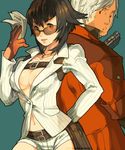  1girl back-to-back bad_id bad_pixiv_id belt breasts brown_hair cleavage cleavage_cutout dante_(devil_may_cry) devil_may_cry glasses gloves gun jewelry lady_(devil_may_cry) large_breasts money necklace nessie_(kska) short_hair sunglasses sweatdrop weapon white_hair 