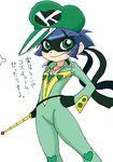  biker_clothes bikesuit black_hair flat_chest gloves green_eyes hat jewelry matsubara_kaoru mochi-iri_kinchaku necklace parody powered_buttercup powerpuff_girls_z ribbon solo time_bokan_(series) translation_request yatterman 