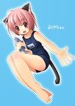  animal_ears barefoot cat_ears cat_tail feet fish hands name_tag one-piece_swimsuit original pink_hair red_eyes school_swimsuit shibacha short_hair solo swimsuit tail 