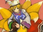  animal_ears bad_id bad_pixiv_id blonde_hair brown_hair cat_ears chen closed_eyes fox_tail hat hug inoe_(noie) long_sleeves multiple_girls pillow_hat short_hair tail tail_hug touhou wide_sleeves yakumo_ran 