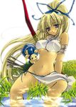  arrow artist_request blonde_hair blue_eyes bow_(weapon) champuru gloves grass majikina_mina panties ponytail pubic_hair pussy_peek samurai_spirits snk solo tabi underwear water weapon 