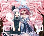  aqua_eyes arm_around_neck bad_id bad_pixiv_id cherry_blossoms closed_fan covering_mouth fan folding_fan ghost hairband hat japanese_clothes kimono konpaku_youmu konpaku_youmu_(ghost) multiple_girls one_eye_closed pink_hair red_eyes ribbon saigyouji_yuyuko short_hair touhou viewfinder white_hair yumoto_(planet) 