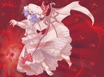  barefoot bat_wings blue_hair hat hexagram magic_circle red_background red_eyes remilia_scarlet satou_takeshi solo touhou wings 