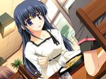  black_hair blue_eyes food game_cg kaneda_haruka long_hair nishizaki_eimu restaurant solo spoon table tokyo_fuusa 