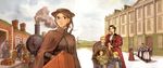  6+girls adele_(emma) apron brown_eyes brown_hair building day dorothea_molders emma_(victorian_romance_emma) erich_molders family glasses ground_vehicle hat highres ilse_molders maid mori_kaoru multiple_boys multiple_girls official_art sky smoke suitcase traditional_media train victorian victorian_romance_emma wilhelm_molders 