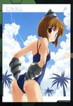  ass bakutendou blush bob_cut brown_eyes brown_hair cloud condensation_trail day drill from_behind hagiwara_yukiho highres idolmaster idolmaster_(classic) idolmaster_1 light_smile looking_at_viewer looking_back one-piece_swimsuit one-piece_tan palm_tree red_eyes school_swimsuit shiny shiny_skin short_hair sky solo swimsuit tan tanline tree 