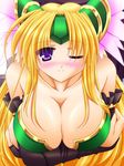  blonde_hair blush breast_squeeze breasts cleavage huge_breasts long_hair one_eye_closed purple_eyes riesz satou_terumasa seiken_densetsu seiken_densetsu_3 solo 