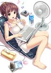  :d ahoge bangs barefoot beamed_sixteenth_notes blush body_blush bottle bow brand_name_imitation breast_rest breasts brown_eyes brown_hair cable cd_case chair computer dress earbuds earphones eighth_note electric_fan feet from_side holding knees_together_feet_apart koutaro laptop looking_at_viewer lowres medium_breasts mouse_(computer) musical_note open_mouth original pocari_sweat ponytail reclining scrunchie shadow short_dress short_hair sitting skirt sleeveless smile solo tissue tissue_box toenails toes water_bottle white_background white_skirt 