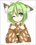  animal_ears aqua_eyes ear_wiggle fox_ears japanese_clothes kimono one_eye_closed original saitou_kon shingetsu_takehito solo 