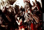  2girls absurdres black_hair bracer crease fujiwara_no_mokou gas_mask hair_bow houraisan_kaguya lowlight_kirilenko necklace perspective ruins scan silver_hair spray_paint touhou utility_belt very_long_hair world_through_fantasy 