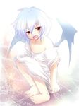  barefoot bat_wings blue_hair fujisaki_hikari highres remilia_scarlet short_hair solo touhou wings 