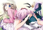  barefoot bat blonde_hair bloomers blue_eyes cape dog highres izumi_(sachikara) little_busters! long_hair noumi_kudryavka solo straddling strelka underwear 