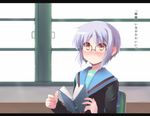  blush book book_drop cardigan dropping embarrassed glasses grey_hair kita_high_school_uniform letterboxed nagato_yuki school_uniform serafuku shin_(new) short_hair solo startled suzumiya_haruhi_no_yuuutsu translated 