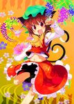  animal_ears bow bowtie brown_hair cat cat_ears cat_tail chen cherry_blossoms earrings fang hat highres jewelry midriff multiple_tails navel red_eyes skirt solo sw tail touhou 