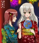  2girls aoi_nagisa blush fan festival fireworks hanazono_shizuma highres japanese_clothes kimono multiple_girls night nighttime paper_fan sakuyaso smile strawberry_panic strawberry_panic! yukata 