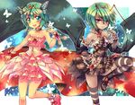  antennae arai_kuma bad_id bad_pixiv_id bare_shoulders bug butterfly butterfly_hair_ornament cape centipede choker dark_persona detached_sleeves dress dual_persona green_eyes green_hair hair_ornament insect multiple_girls orange_eyes princess_wriggle red_eyes short_hair smile standing standing_on_one_leg striped striped_legwear thighhighs tiara touhou wriggle_nightbug wrist_cuffs 
