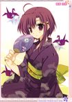  absurdres ahoge brown_eyes brown_hair fan highres japanese_clothes kimono nanagane_educational_institution origami paper_crane paper_fan sanaekawa_ayako short_hair sitting smile solo takanae_kyourin uchiwa yukata 