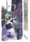  alley bag contemporary green_eyes green_hair kochiya_sanae puddle school_uniform serafuku sou touhou translation_request 