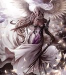  angel_wings armor armored_dress breasts cleavage cloud dark_skin dress elbow_gloves feathers gloves head_wings long_hair lord_of_vermilion medium_breasts nabe_(crow's_head) outstretched_arm outstretched_hand profile sword valkyrie valkyrie_(lord_of_vermilion) very_long_hair weapon white_hair wings 