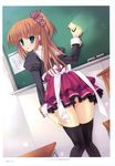  :p absurdres black_legwear blue_eyes bow brown_hair chalkboard character_request classroom copyright_request desk dutch_angle eraser hair_ribbon highres long_hair looking_back mitha plaid pleated_skirt ponytail ribbon school_uniform side_ponytail skirt solo thigh_gap thighhighs tongue tongue_out zettai_ryouiki 