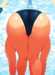  1girl ass bent_over blue_swimsuit competition_swimsuit female from_behind huge_ass indoors lane_line one-piece_swimsuit one-piece_tan original pool shiny shiny_skin solo sweat swimming swimsuit tan tanline water wet wet_clothes youshu_ohepe 