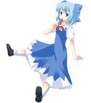  blue_eyes blue_hair bow cirno food fruit goyawa popsicle ribbon short_hair sitting solo touhou watermelon watermelon_bar 