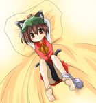 animal_ears bad_id bad_pixiv_id barefoot bed bloomers brown_eyes brown_hair cat_ears cat_tail chen child chinese_clothes covering covering_crotch error feet hat lying multiple_tails on_back panties panties_around_one_leg pillow ribbon solo tail touhou underwear yoshizawa_hikoto 