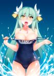  1girl :d aqua_hair areola_slip areolae bare_shoulders blue_swimsuit breasts cleavage collarbone cowboy_shot dragon_horns eyebrows_visible_through_hair eyes_visible_through_hair fangs fate/grand_order fate_(series) forked_tongue hair_between_eyes heart heart-shaped_pupils highres horns kiyohime_(fate/grand_order) large_breasts long_hair long_tongue looking_at_viewer name_tag open_mouth ricegnat saliva school_swimsuit smile solo swimsuit swimsuit_pull symbol-shaped_pupils teeth thigh_gap tongue tongue_out very_long_hair water yellow_eyes 
