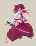  barefoot hakama japanese_clothes katana long_hair navel necktie no_bra no_panties open_clothes open_shirt original red_hair red_hakama shirt simple_background solo sword tiptoes weapon weno 