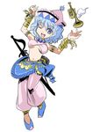  armlet bard_(sekaiju) belly_chain blue_eyes blue_hair bracelet bracer dancer flx harem_pants hat instrument jewelry lowres merlin_prismriver midriff one_eye_closed pants parody sekaiju_no_meikyuu sheath sheathed short_hair solo sword touhou trumpet weapon 