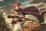  bolt_action bullet cape casing_ejection cloud gun long_hair mauser_98 md5_mismatch original ponytail rifle ruins shell_casing skirt solo thighhighs weapon zettai_ryouiki zhenlin 